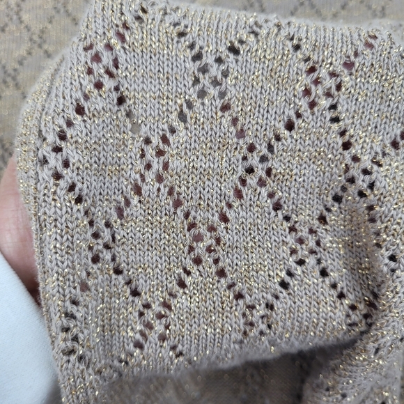 Jason Maxwell tan loose weave v-neck cardigan tie front metallic boho grandma M - Picture 9 of 11